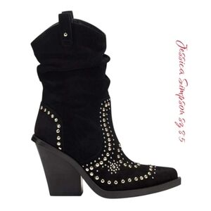 Jessica Simpson Larna Black Studded Western Boots Suede Heeled Bootie 8.5 NEW